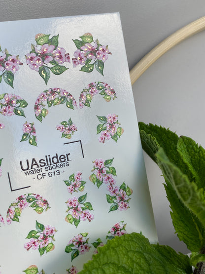 Nail Water Decal CF-613 | Floral Water Slide Nail Decals | Pink Blossoms & Green Leaves