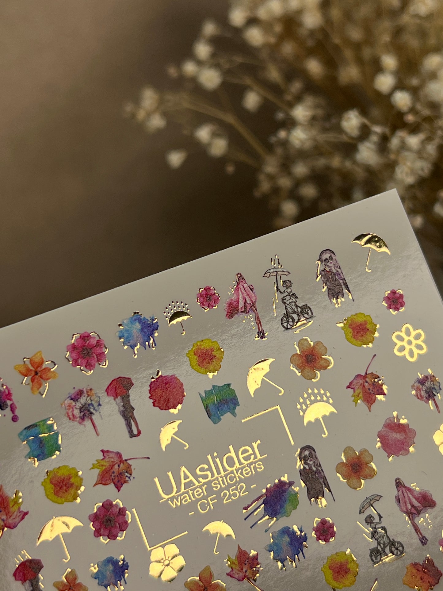 Nail Water Decal CF-252 | Watercolor Water Slide Nail Decals | Colorful Flowers & Rainy Day Art