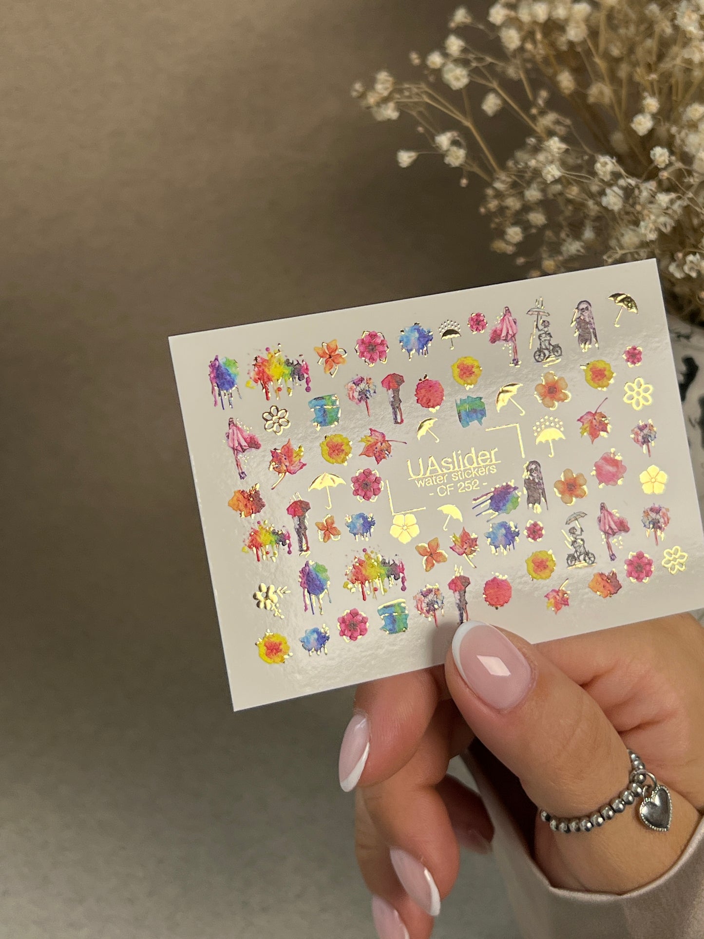 Nail Water Decal CF-252 | Watercolor Water Slide Nail Decals | Colorful Flowers & Rainy Day Art