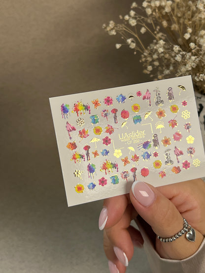 Nail Water Decal CF-252 | Watercolor Water Slide Nail Decals | Colorful Flowers & Rainy Day Art