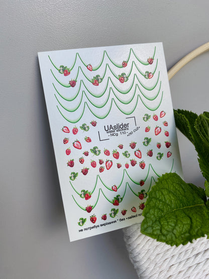 Nail Water Decal NCg-110 | Water Slide Nail Decals Green French | Nail Water Decals with Strawberry Design