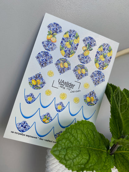 Nail Water Decal NCg-112 | Water Slide Nail Decals with Lemons | Blue Majolica Pattern
