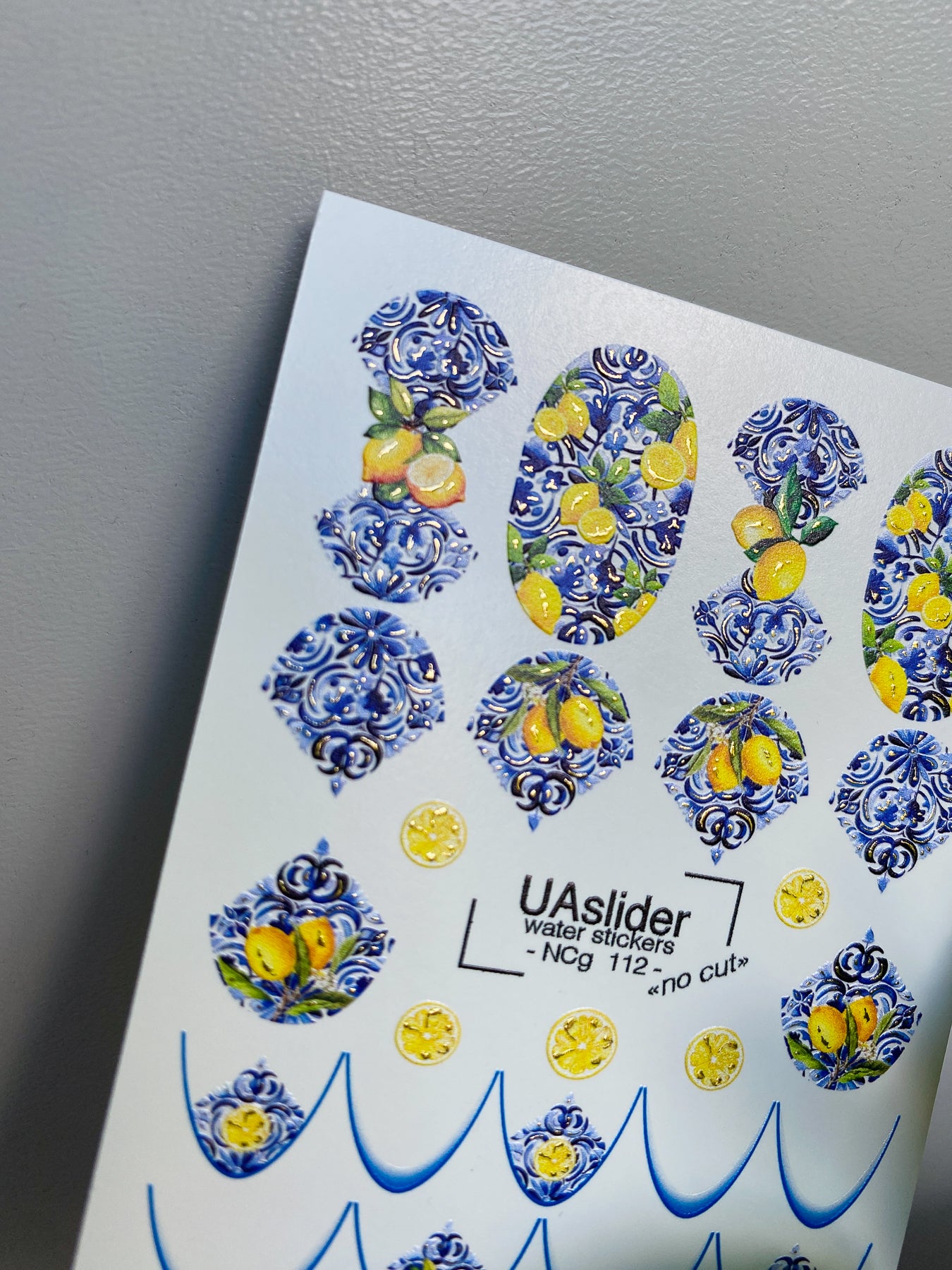 Nail Water Decal NCg-112 | Water Slide Nail Decals with Lemons | Blue Majolica Pattern - UASLIDER