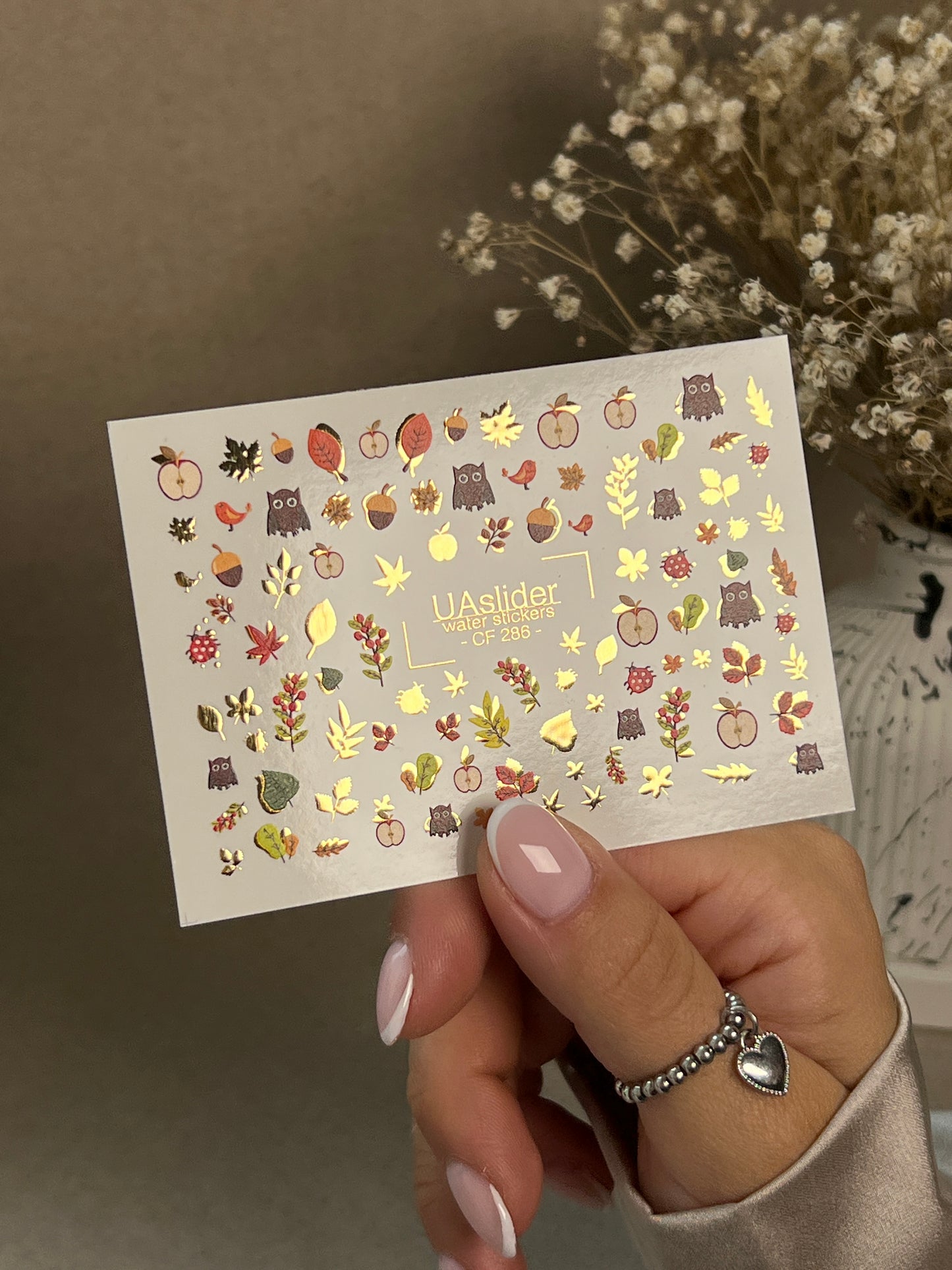 Nail Water Decal CF-286 | Autumn Forest Water Slide Nail Decals | Owls, Apples & Woodland Leaves