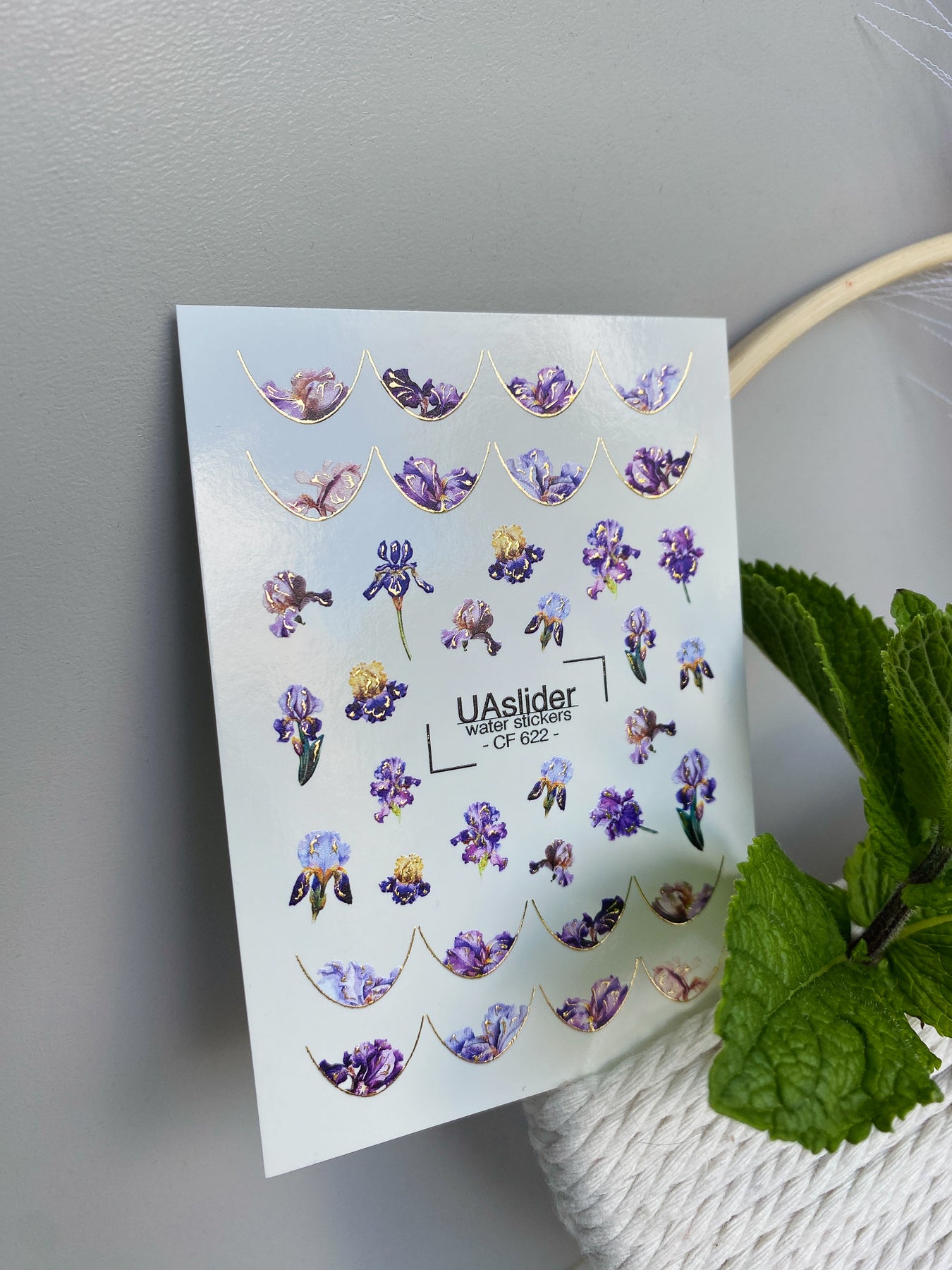 Nail Water Decal CF-622 | Floral French Water Slide Nail Decals | Purple Iris Flower Designs