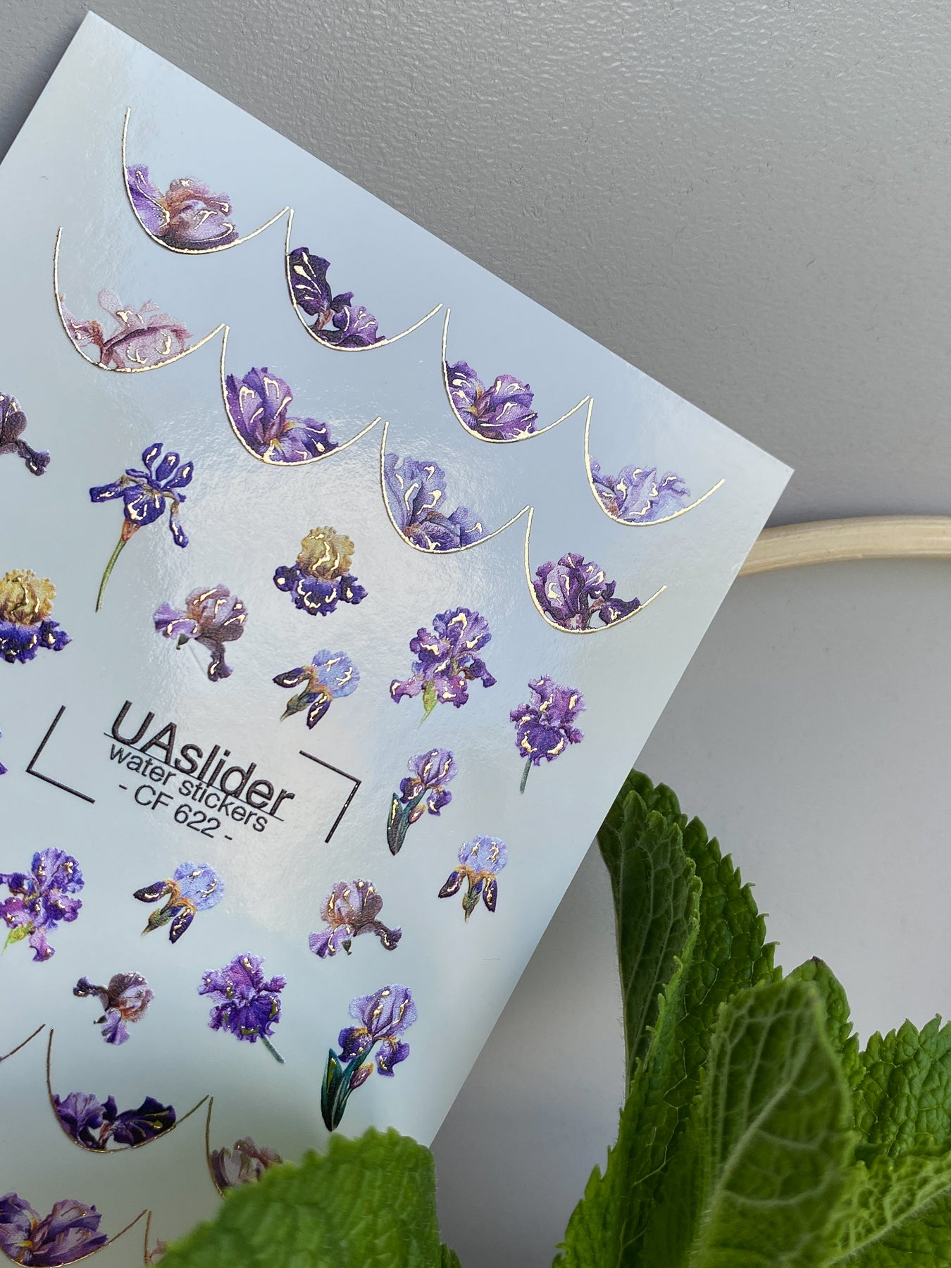 Nail Water Decal CF-622 | Floral French Water Slide Nail Decals | Purple Iris Flower Designs