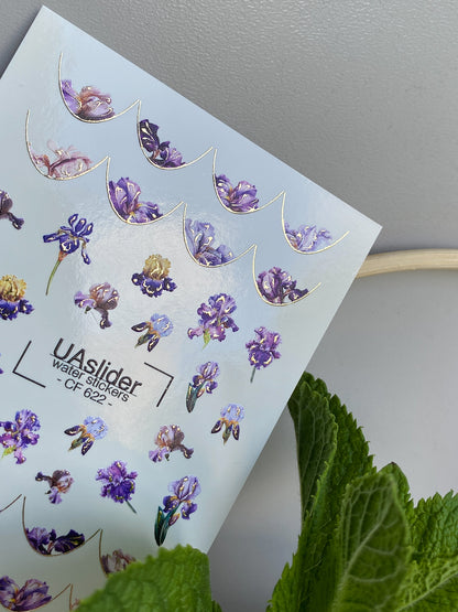 Nail Water Decal CF-622 | Floral French Water Slide Nail Decals | Purple Iris Flower Designs