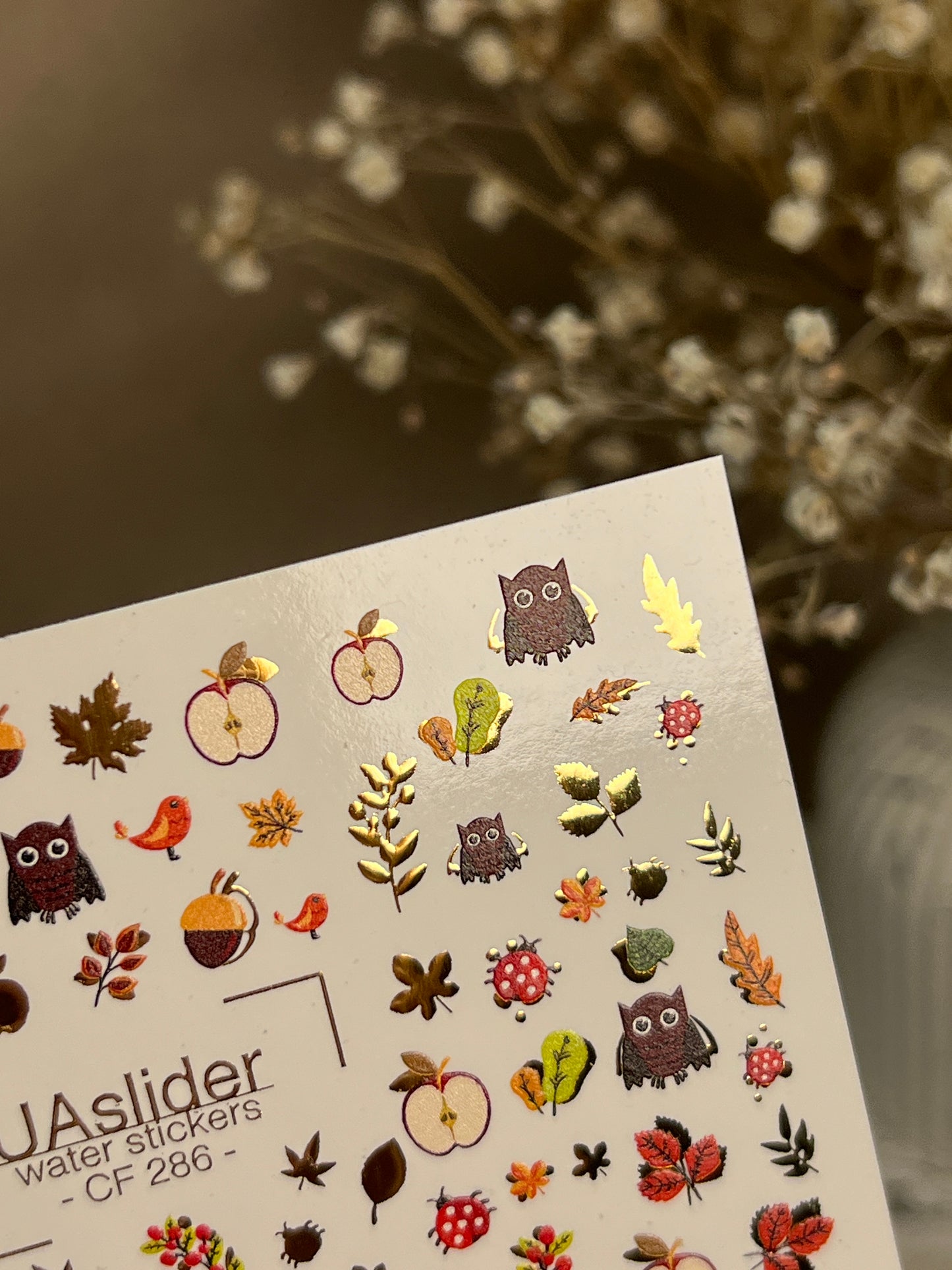 Nail Water Decal CF-286 | Autumn Forest Water Slide Nail Decals | Owls, Apples & Woodland Leaves