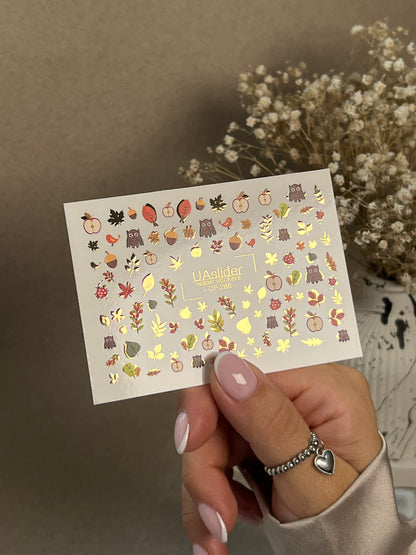 Nail Water Decal CF-286 | Autumn Forest Water Slide Nail Decals | Owls, Apples & Woodland Leaves
