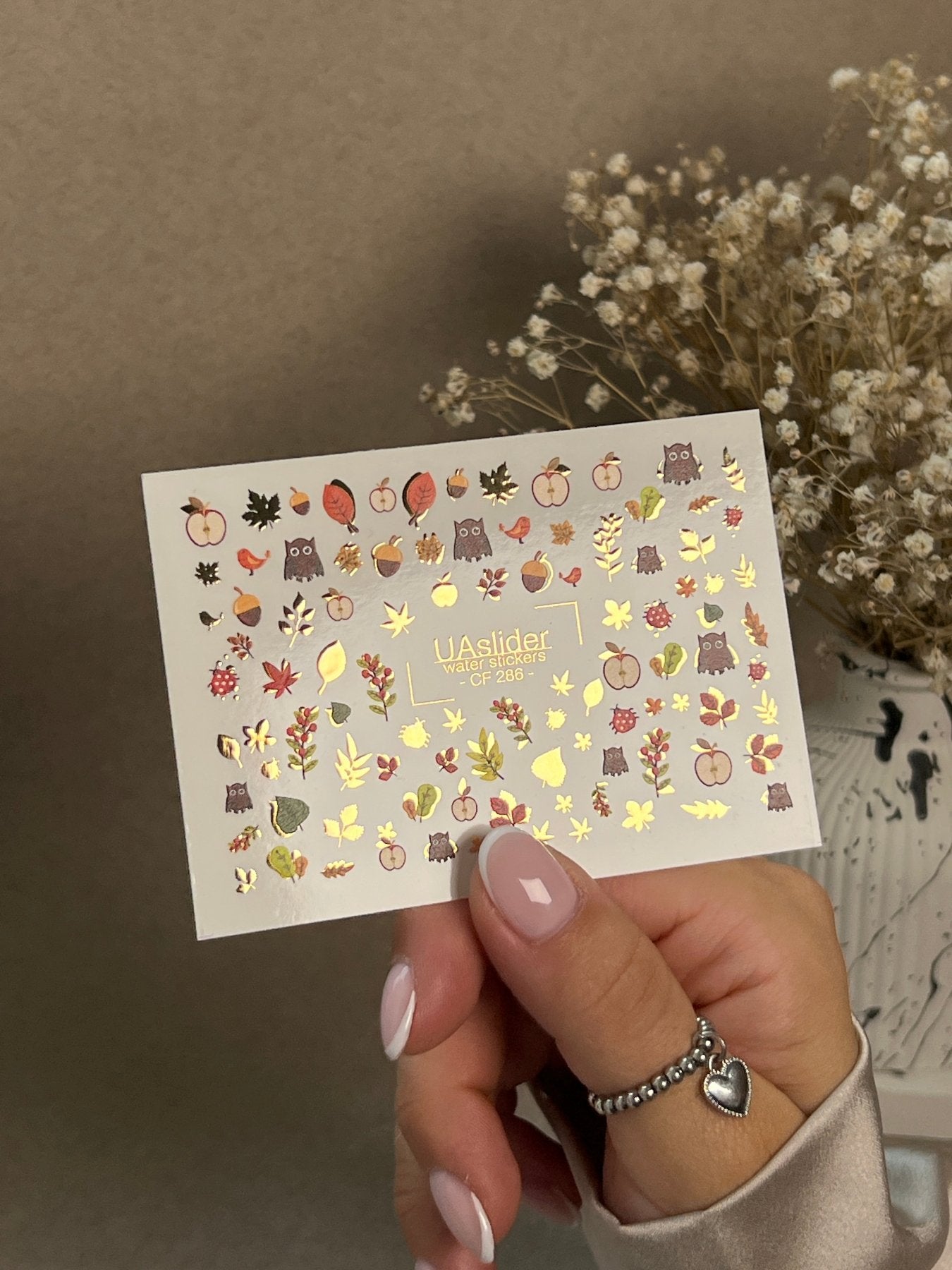 Nail Water Decal CF-286 | Autumn Forest Water Slide Nail Decals | Owls, Apples & Woodland Leaves - UASLIDER