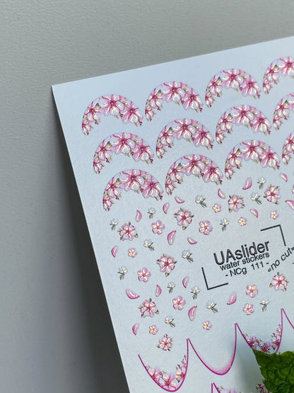 Nail Water Decal NCg-111 | Water Slide Nail Decals Sakura French | Nail Water Decals with Pink Flower Design