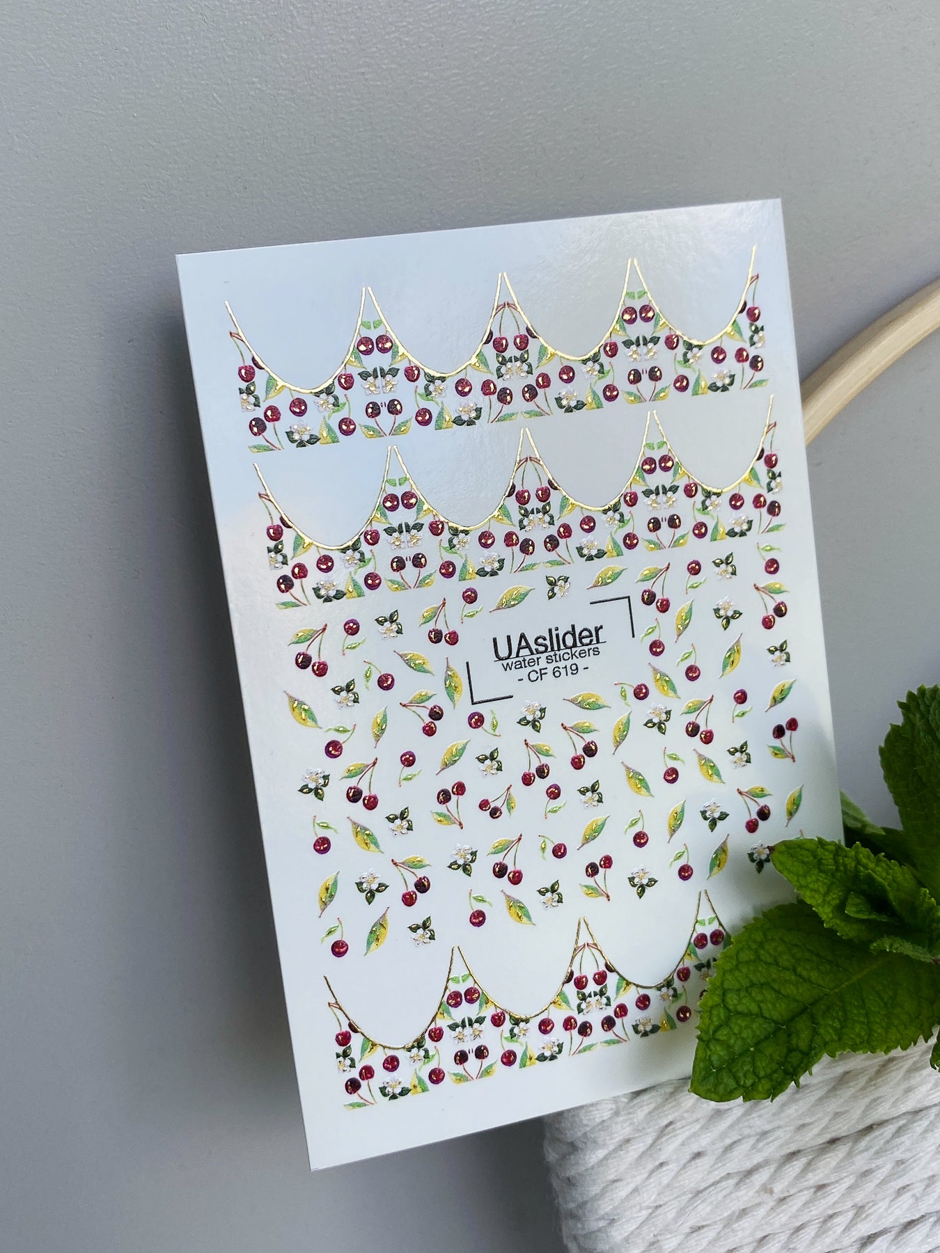 Nagel Wasserabziehbild CF-619 | Kirsch Französische Wasserfolien Nagelabziehbilder | Obst Nagelkunst mit Blüten