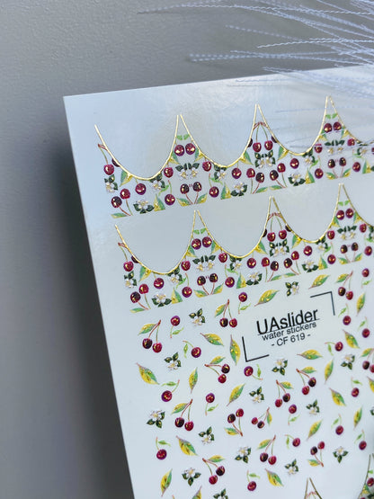 Nagel Wasserabziehbild CF-619 | Kirsch Französische Wasserfolien Nagelabziehbilder | Obst Nagelkunst mit Blüten