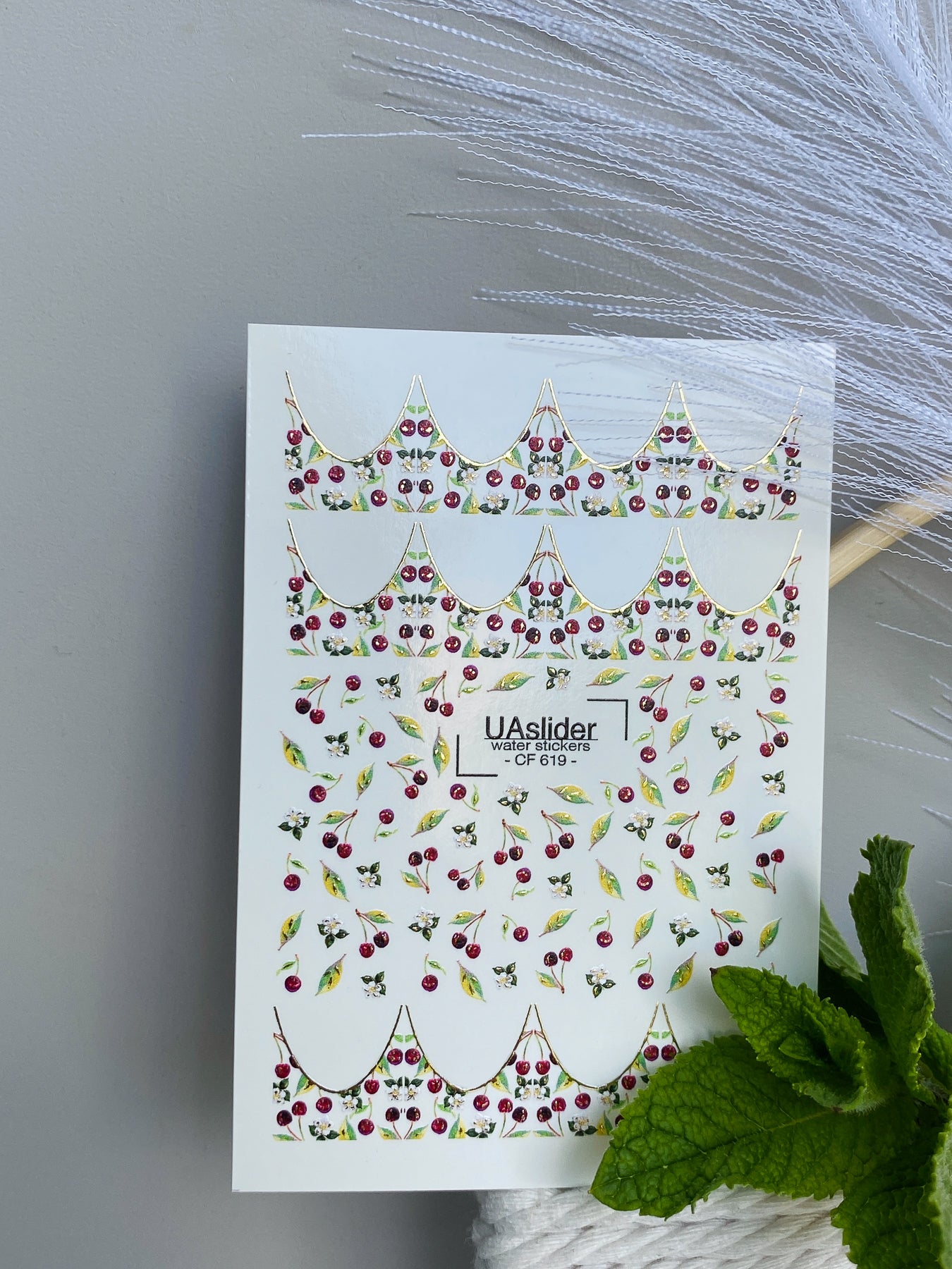 Nagel Wasserabziehbild CF-619 | Kirsch Französische Wasserfolien Nagelabziehbilder | Obst Nagelkunst mit Blüten