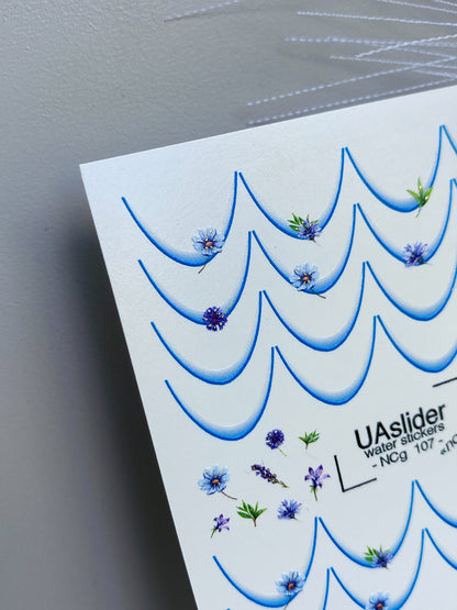 Adesivo per unghie ad acqua NCg-107 | Adesivi per unghie a scivolamento ad acqua Fiori selvatici blu | Adesivi per unghie ad acqua Lavanda e punte francesi