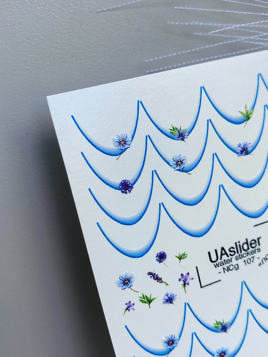 Nail Water Decal NCg-107 | Water Slide Nail Decals Blue Wildflowers | Nail Water Decals Lavender & French Tips