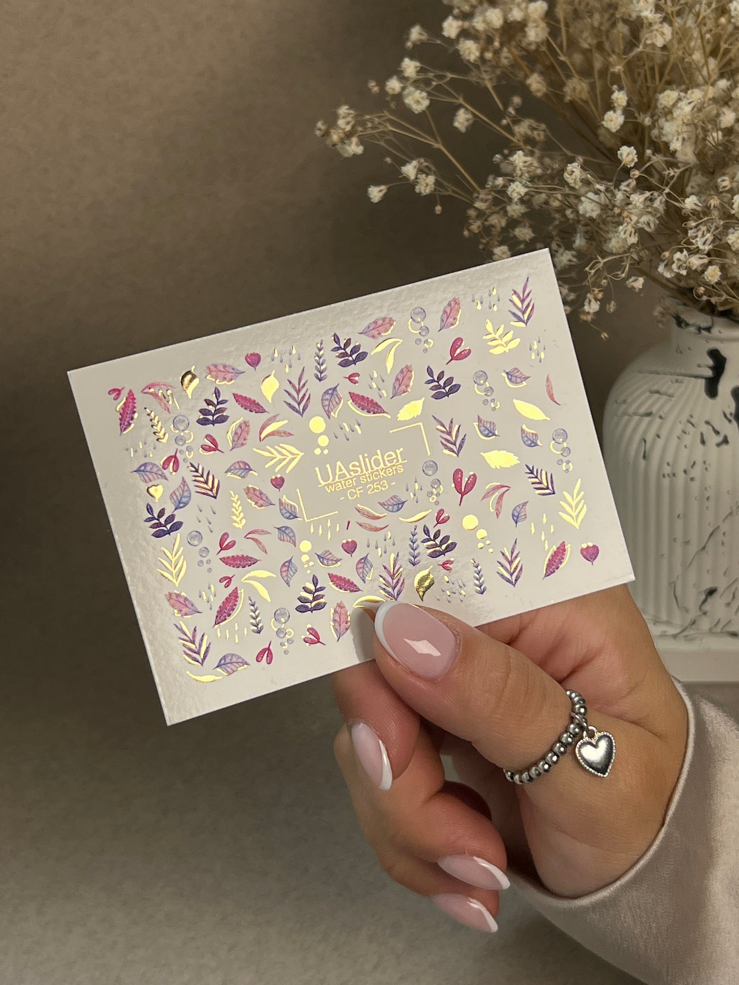 Nail Water Decal CF-253 | Botanical Water Slide Nail Decals | Pink & Purple Leaves with Gold Foil