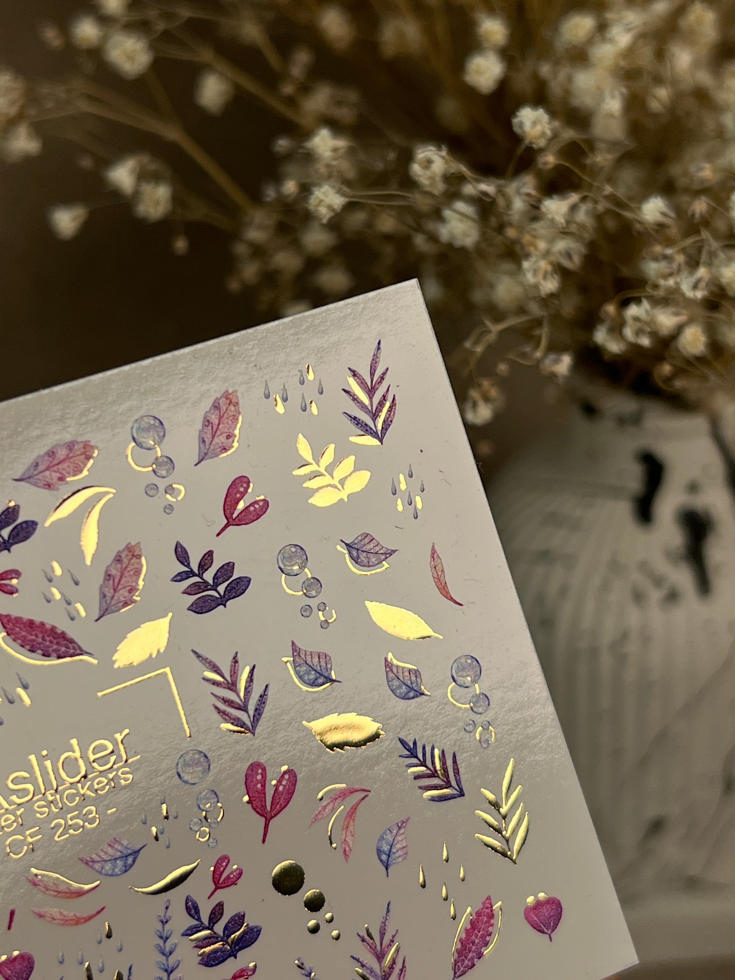 Nail Water Decal CF-253 | Botanical Water Slide Nail Decals | Pink & Purple Leaves with Gold Foil