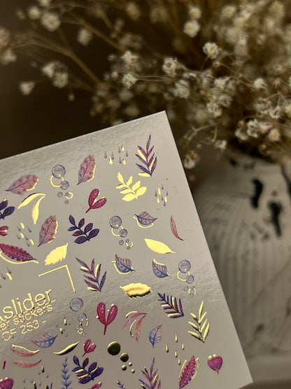 Nail Water Decal CF-253 | Botanical Water Slide Nail Decals | Pink & Purple Leaves with Gold Foil
