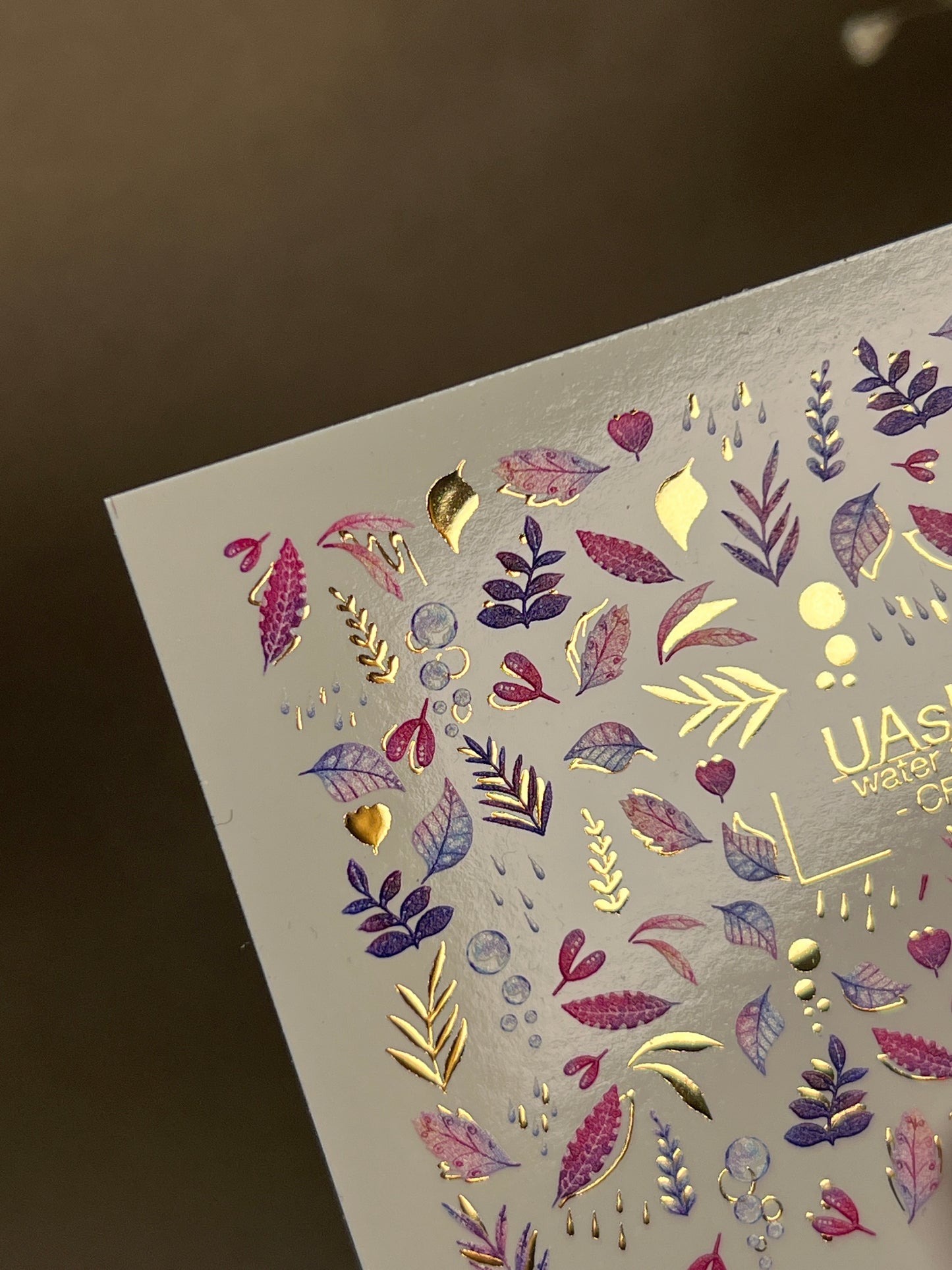 Nail Water Decal CF-253 | Botanical Water Slide Nail Decals | Pink & Purple Leaves with Gold Foil