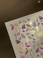 Nail Water Decal CF-253 | Botanical Water Slide Nail Decals | Pink & Purple Leaves with Gold Foil - UASLIDER