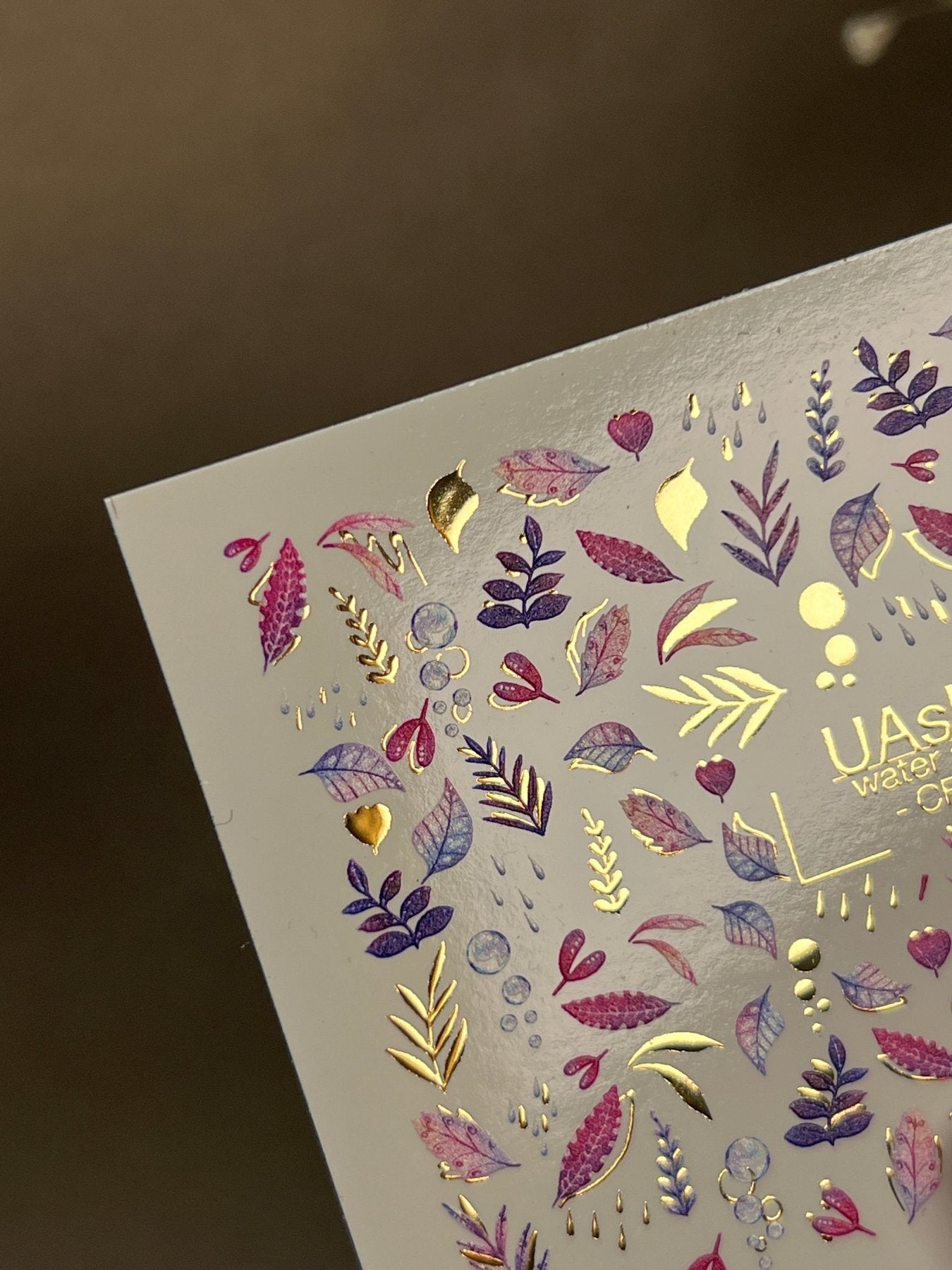 Nail Water Decal CF-253 | Botanical Water Slide Nail Decals | Pink & Purple Leaves with Gold Foil - UASLIDER