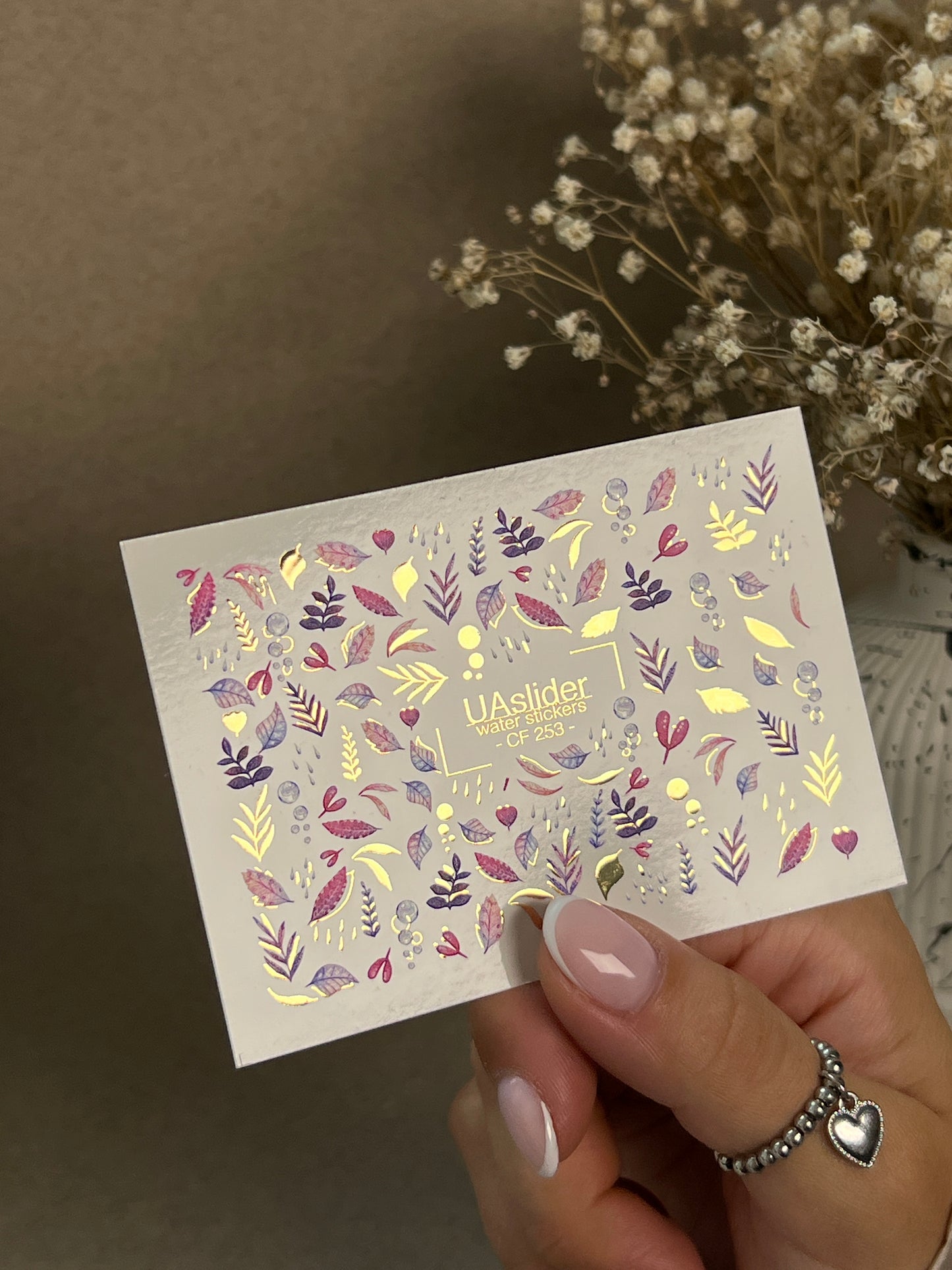 Nail Water Decal CF-253 | Botanical Water Slide Nail Decals | Pink & Purple Leaves with Gold Foil