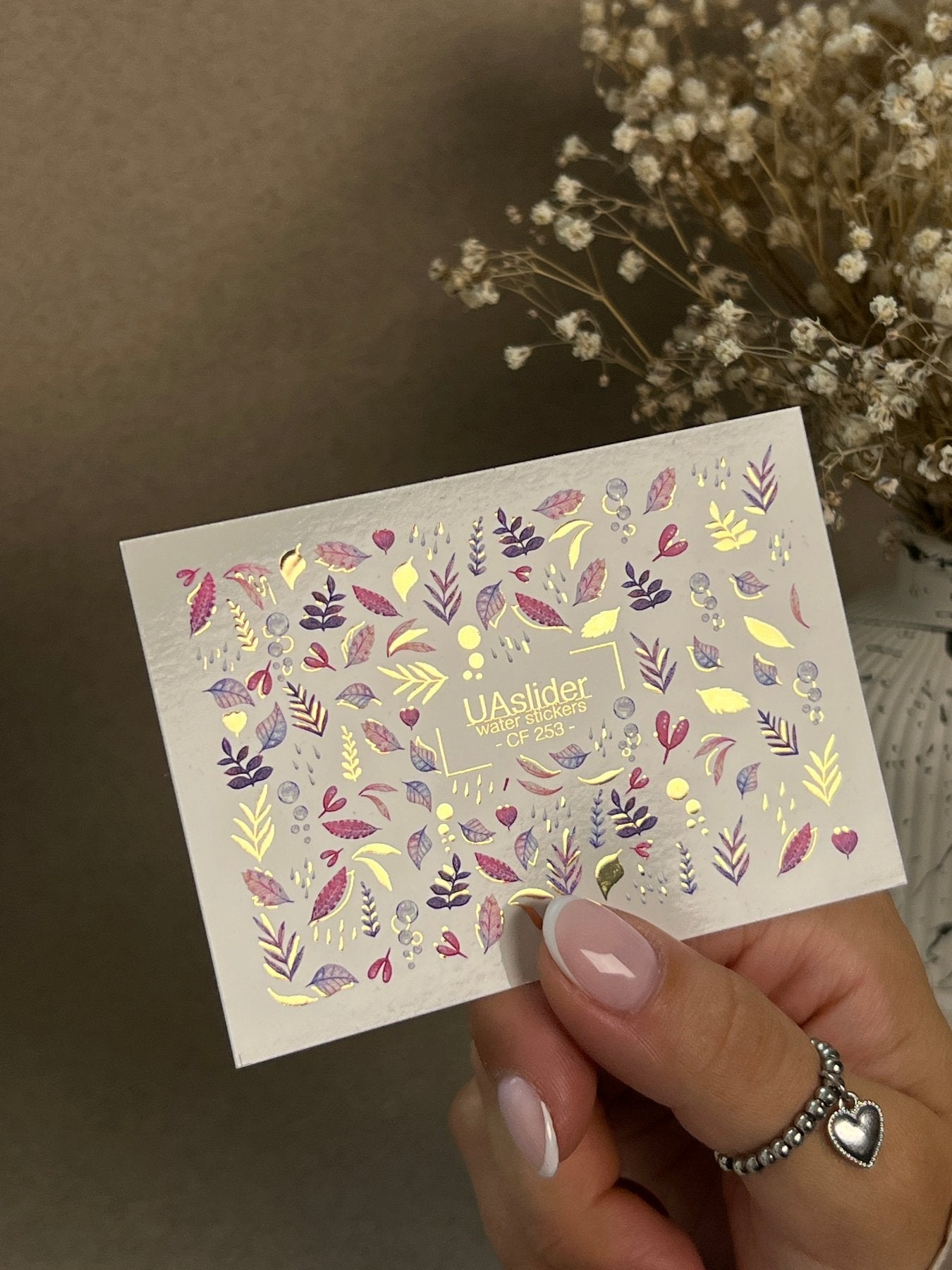 Nail Water Decal CF-253 | Botanical Water Slide Nail Decals | Pink & Purple Leaves with Gold Foil - UASLIDER