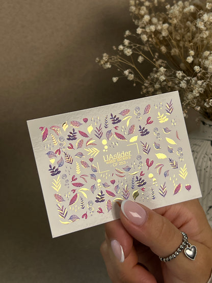 Nail Water Decal CF-253 | Botanical Water Slide Nail Decals | Pink & Purple Leaves with Gold Foil