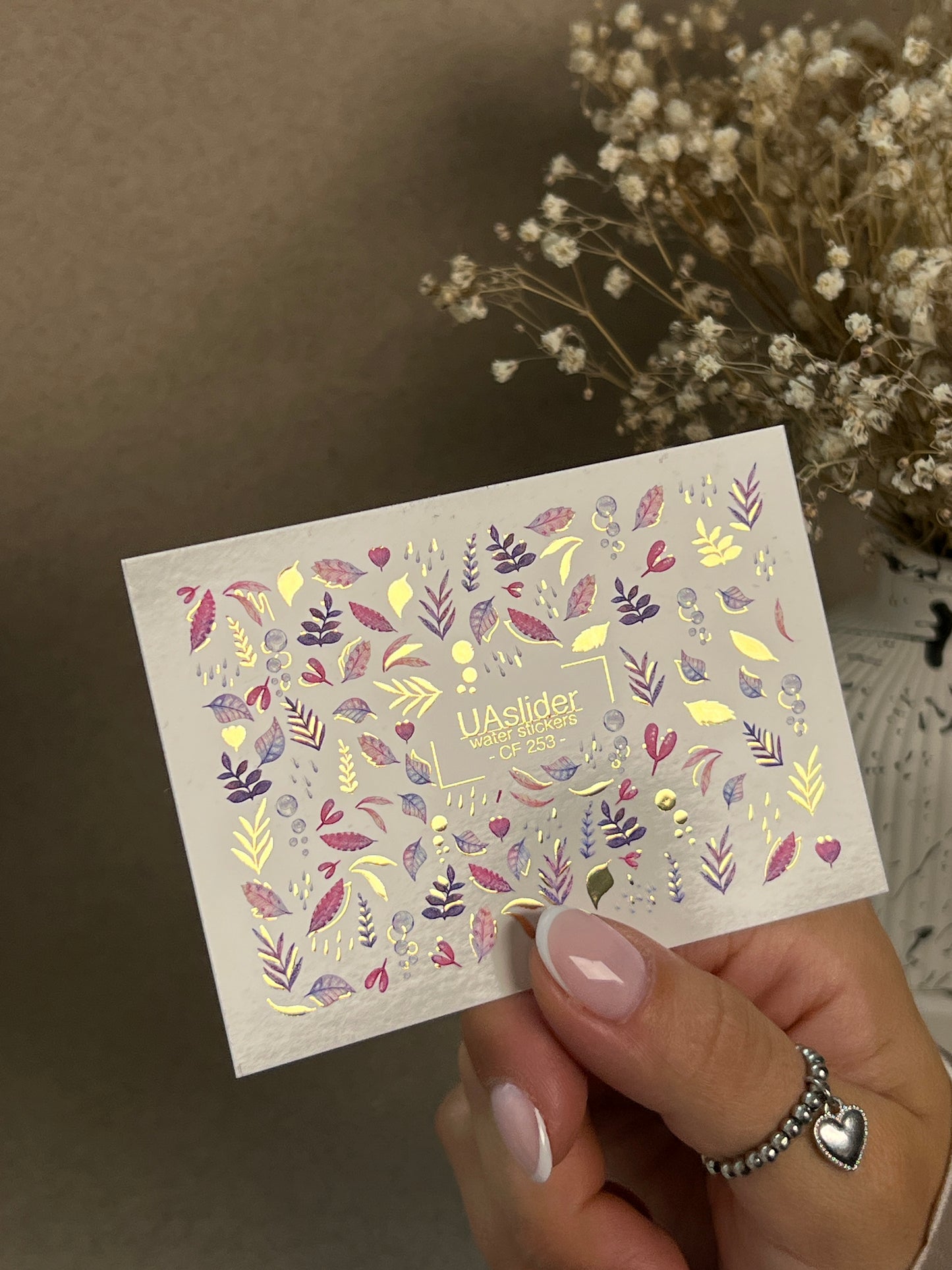 Nail Water Decal CF-253 | Botanical Water Slide Nail Decals | Pink & Purple Leaves with Gold Foil