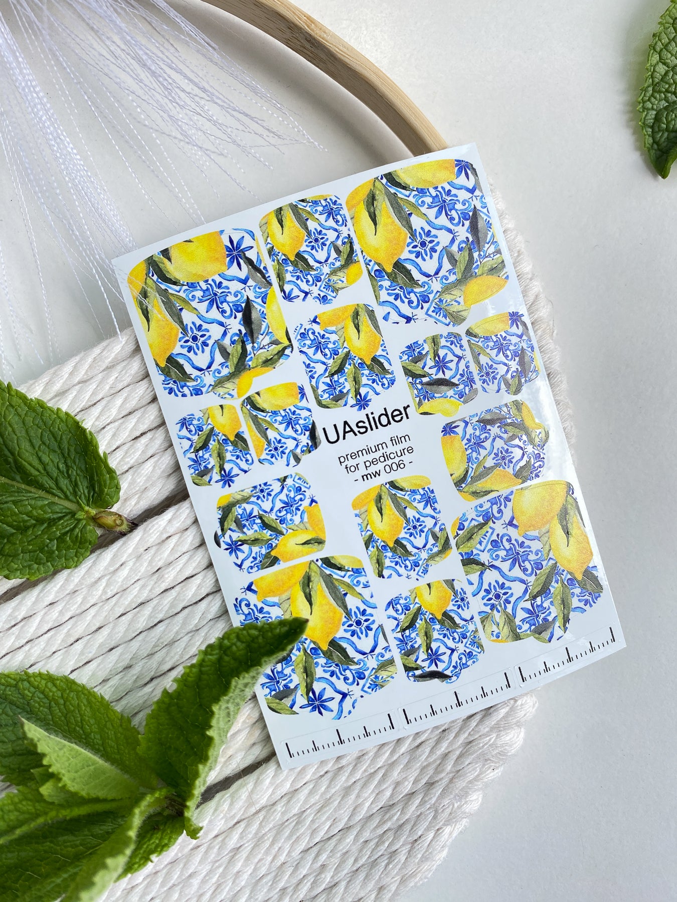 Pedicure nail wrap films mw-006 | Nail Wrap Films for Pedicure | Lemon Branches & Blue Tile Design