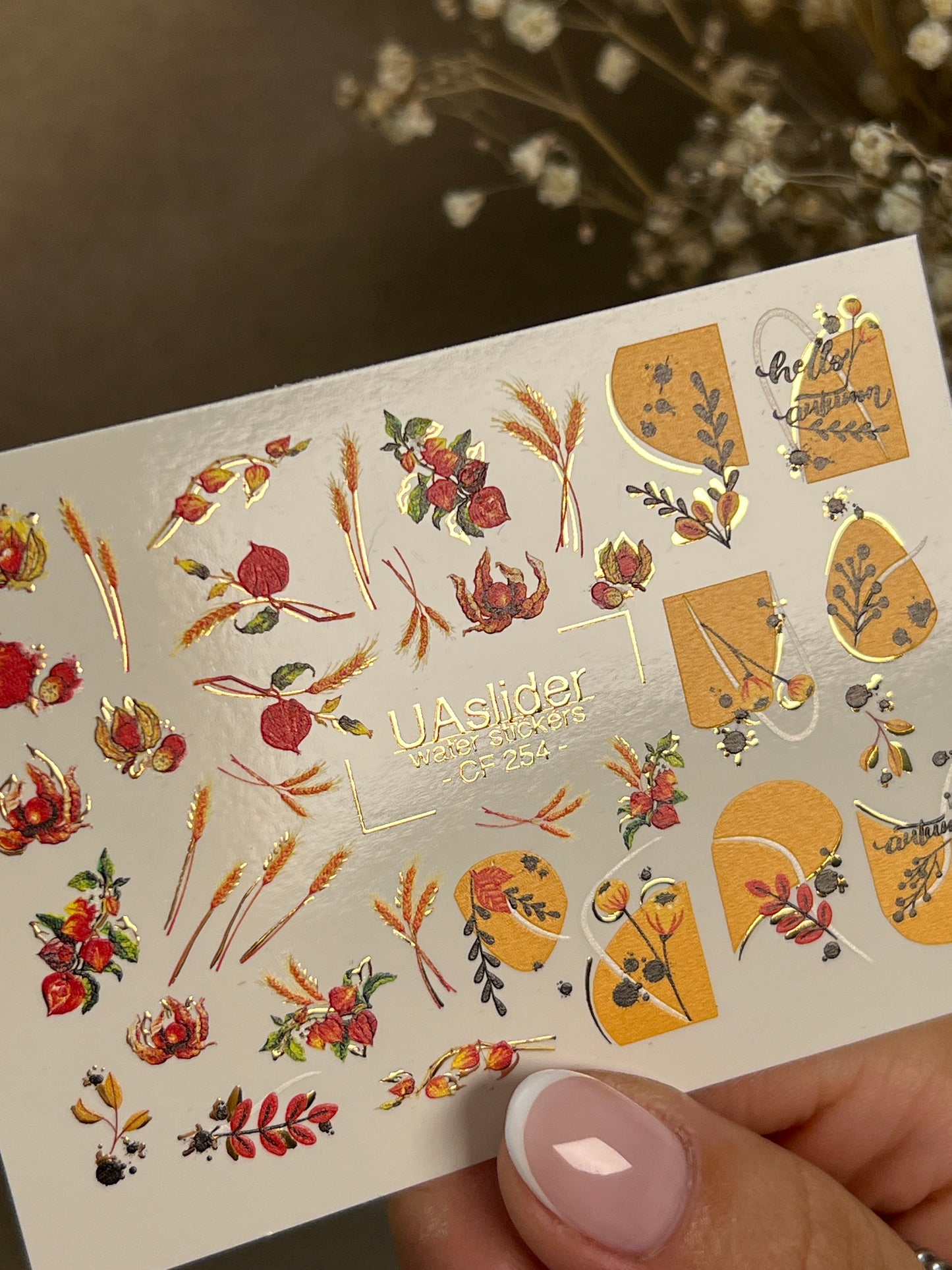 Nail Water Decal CF-254 | Autumn Water Slide Nail Decals | Wheat, Red Berries & Fall Leaves