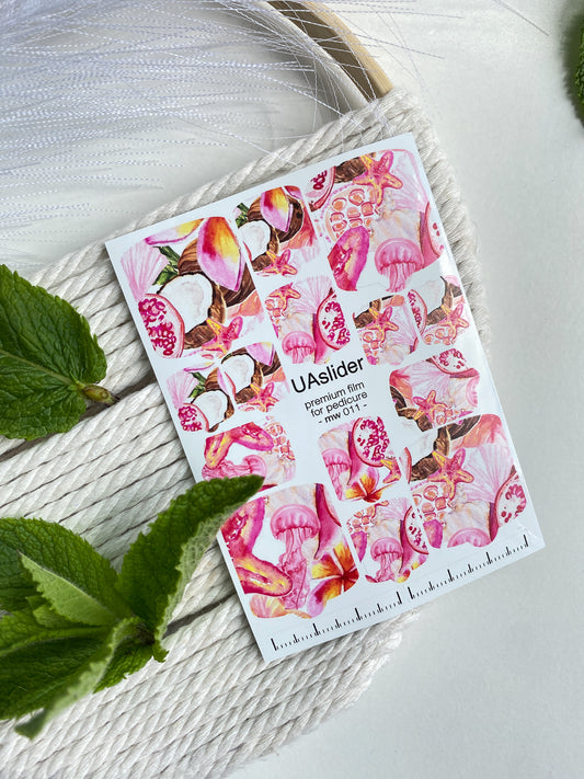 Pedicure nail wrap films mw-011 | Nail Wrap Films for Pedicure | Tropical Fruits & Seashells Design