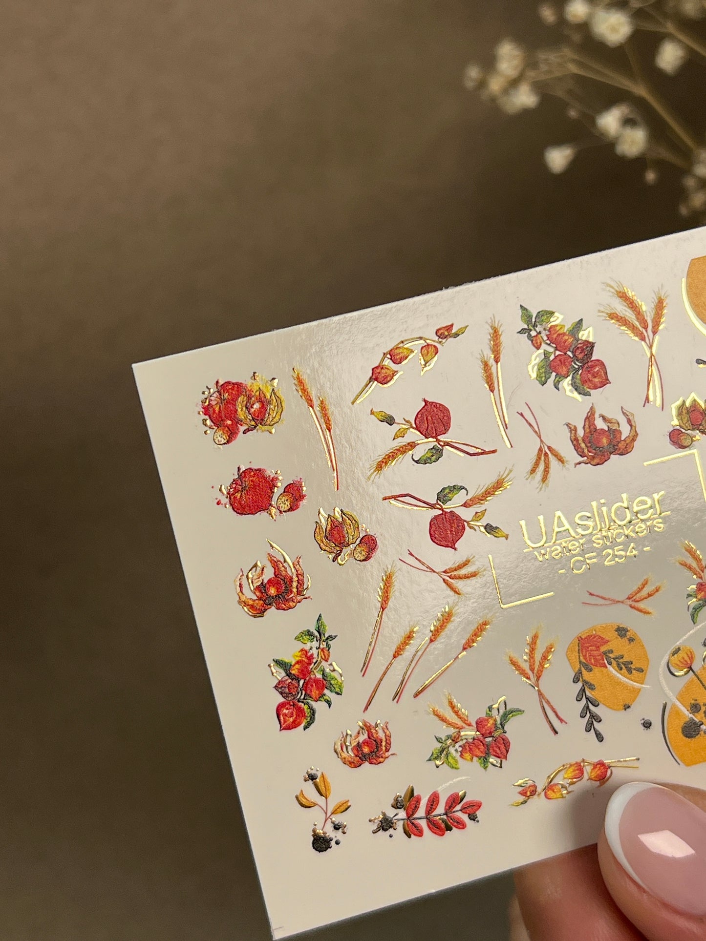 Nail Water Decal CF-254 | Autumn Water Slide Nail Decals | Wheat, Red Berries & Fall Leaves