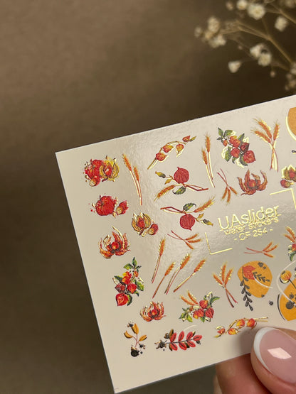 Nail Water Decal CF-254 | Autumn Water Slide Nail Decals | Wheat, Red Berries & Fall Leaves