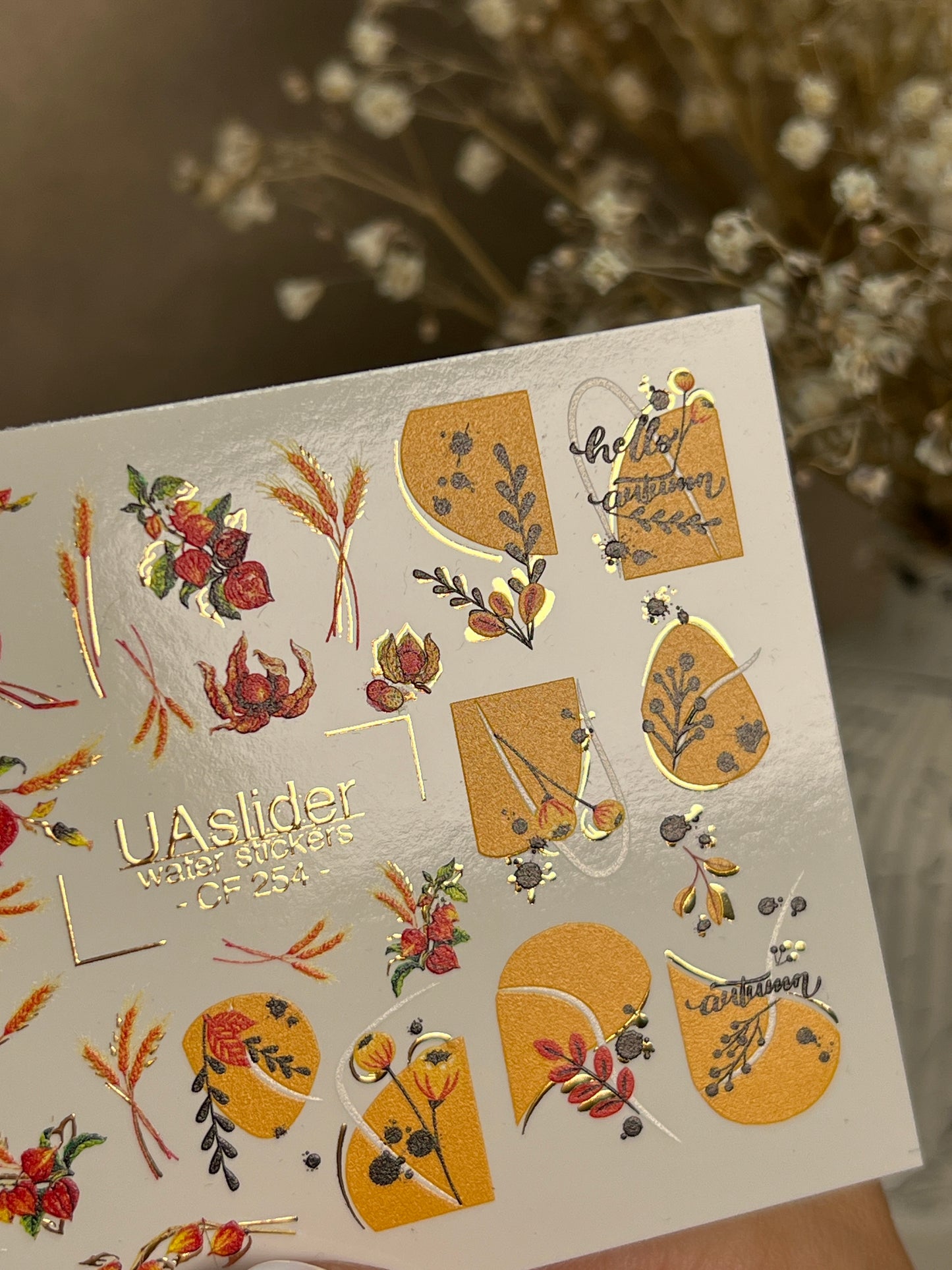 Nail Water Decal CF-254 | Autumn Water Slide Nail Decals | Wheat, Red Berries & Fall Leaves