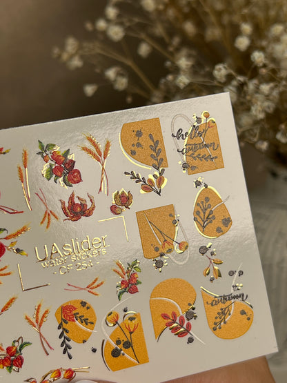 Nail Water Decal CF-254 | Autumn Water Slide Nail Decals | Wheat, Red Berries & Fall Leaves
