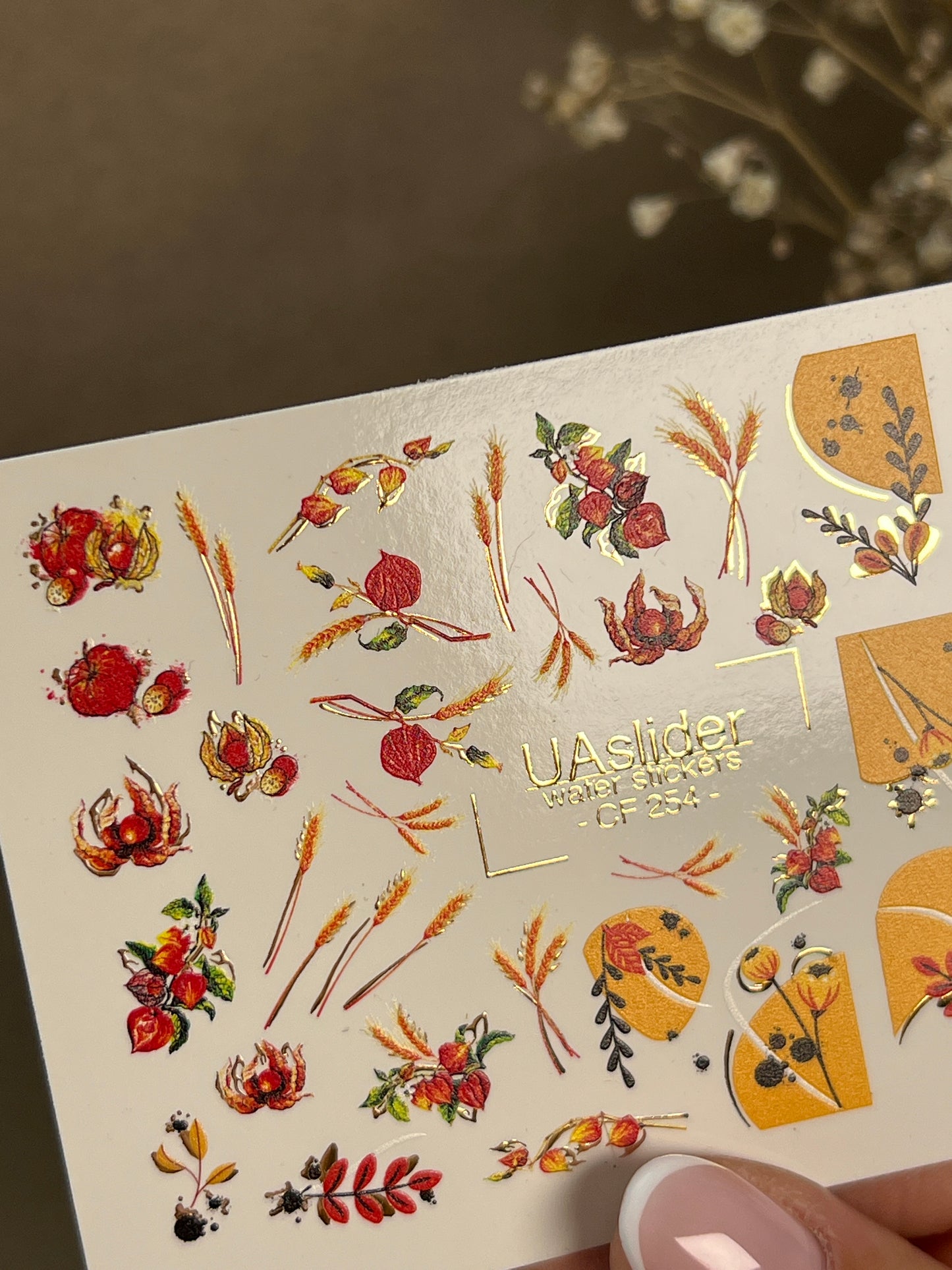 Nail Water Decal CF-254 | Autumn Water Slide Nail Decals | Wheat, Red Berries & Fall Leaves