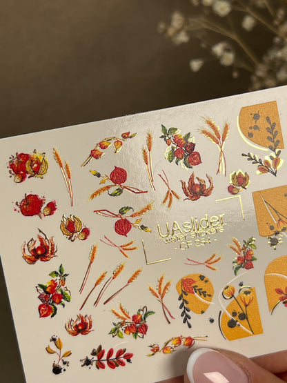 Nail Water Decal CF-254 | Autumn Water Slide Nail Decals | Wheat, Red Berries & Fall Leaves