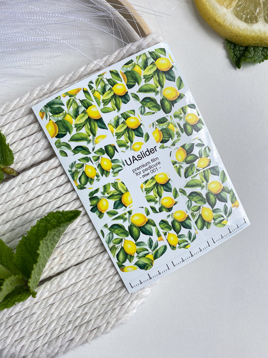 Pedicure nail wrap films mw-001 | Nail Wrap Films for Pedicure | Lemon & Green Leaves Design