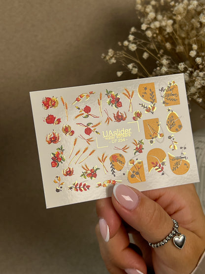 Nail Water Decal CF-254 | Autumn Water Slide Nail Decals | Wheat, Red Berries & Fall Leaves