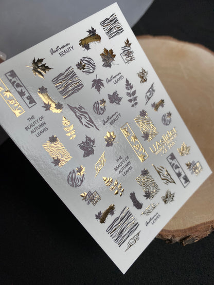 Nail Water Decal CF-298 | Autumn Water Slide Nail Decals | Leaves, Zebra Print & Gold Accents