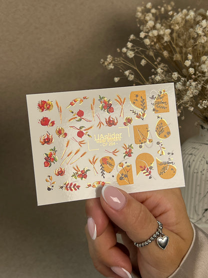 Nail Water Decal CF-254 | Autumn Water Slide Nail Decals | Wheat, Red Berries & Fall Leaves