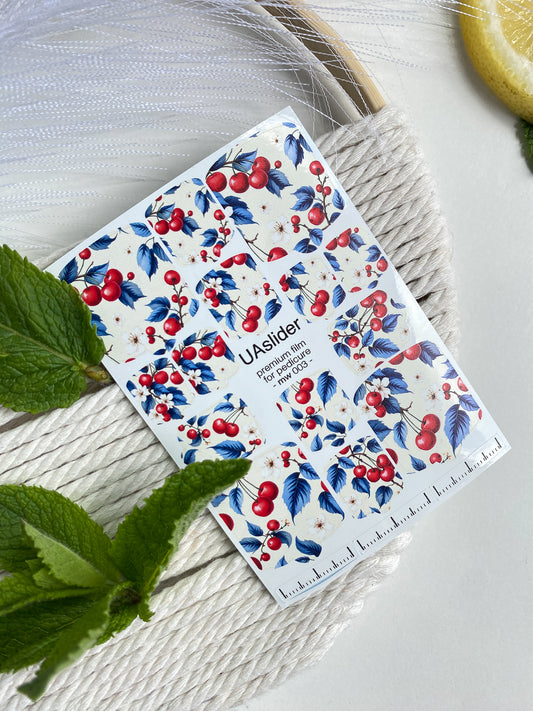 Pedicure nail wrap films mw-003 | Nail Wrap Films for Pedicure | Cherry & Blue Leaves Design