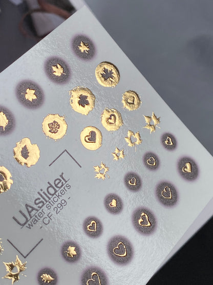 Nail Water Decal CF-299 | Gold Foil Water Slide Nail Decals | Hearts, Stars & Autumn Leaves