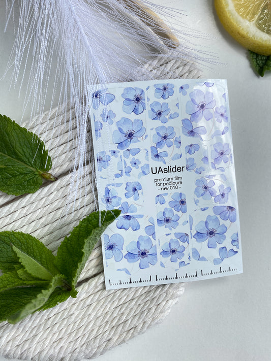 Pedicure nail wrap films mw-010 | Nail Wrap Films for Pedicure | Light Blue Floral Design