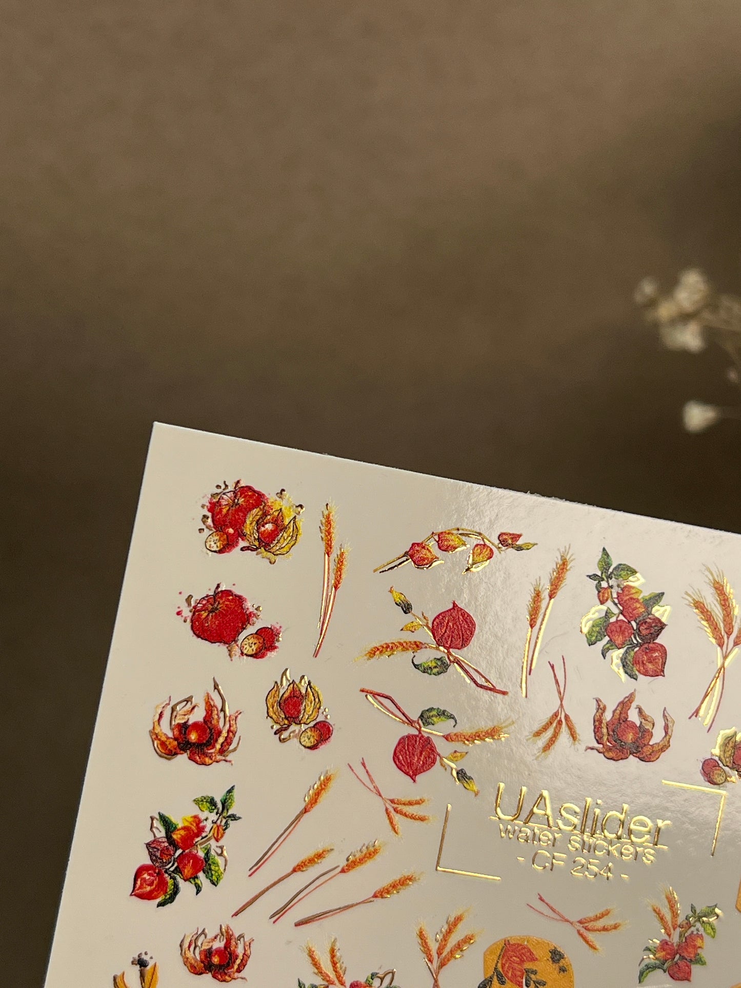 Nail Water Decal CF-254 | Autumn Water Slide Nail Decals | Wheat, Red Berries & Fall Leaves