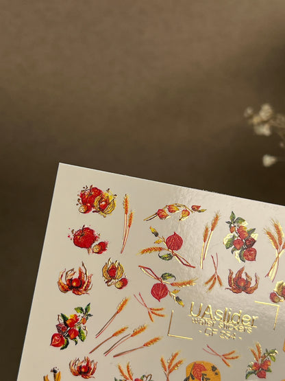 Nail Water Decal CF-254 | Autumn Water Slide Nail Decals | Wheat, Red Berries & Fall Leaves