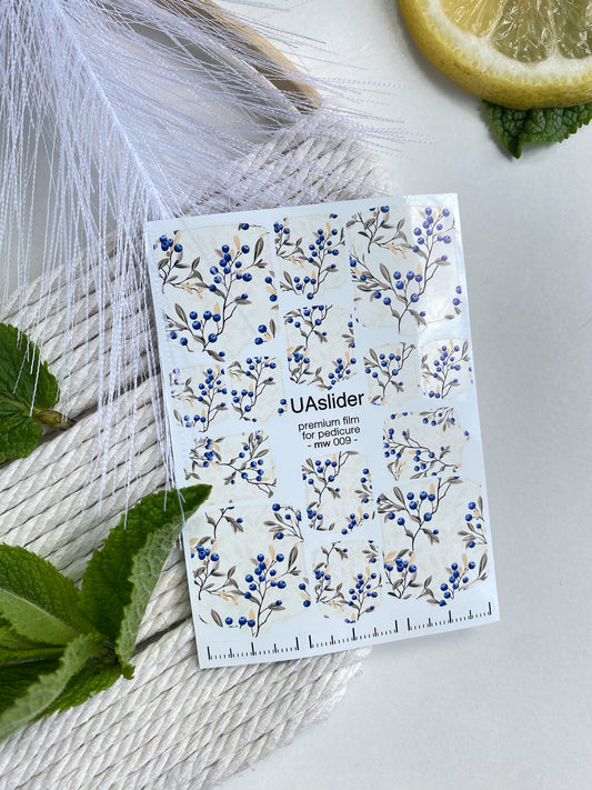 Pedicure nail wrap films mw-009 | Nail Wrap Films for Pedicure | Delicate Blueberry Branch Design