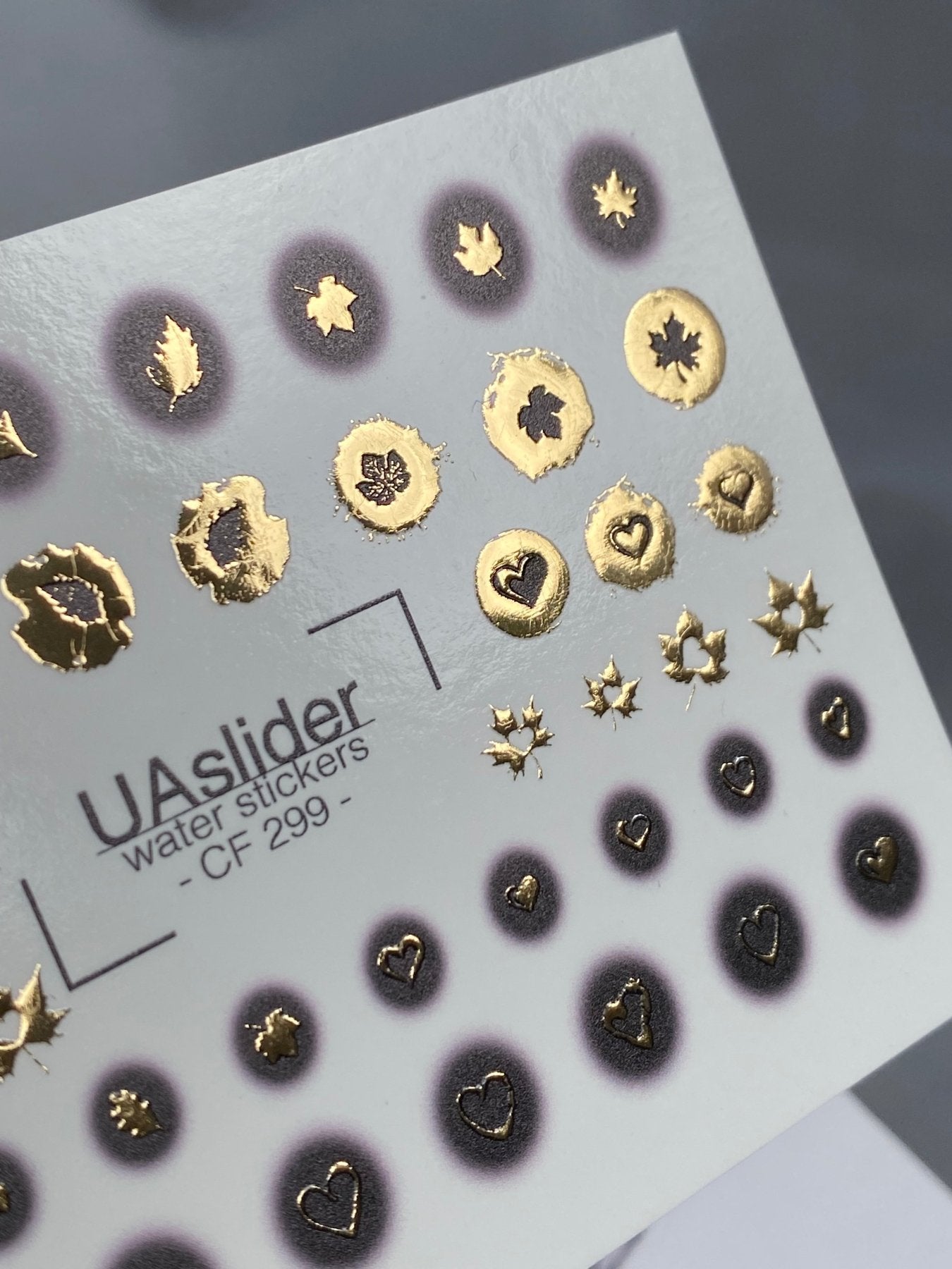 Nail Water Decal CF-299 | Gold Foil Water Slide Nail Decals | Hearts, Stars & Autumn Leaves - UASLIDER